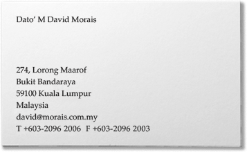 David Morais - Business Card - 274 Lorong Maarof, Bukit Bandaraya, 59100 Kuala Lumpur